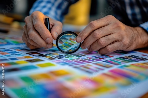 Person examining colorful printed samples with magnifying glass and pen while wearing a checkered shirt in a close-up view