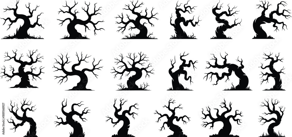 Εκτύπωση καμβά Scary dead tree silhouettes collection,  twisted trees with Various gnarled branches, with bare branches and crooked trunks that convey a haunted forest atmosphere for decorations vector illustration