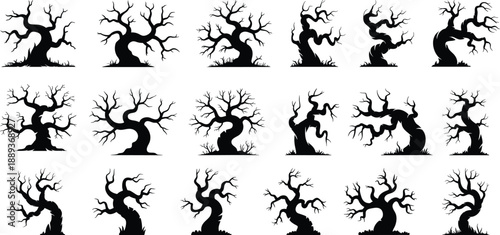 Scary dead tree silhouettes collection,  twisted trees with Various gnarled branches, with bare branches and crooked trunks that convey a haunted forest atmosphere for decorations vector illustration.