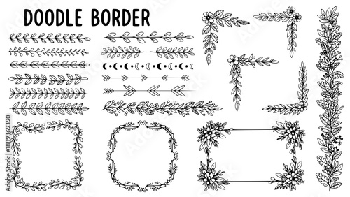 Doodle border. Flower ornament frame, decorative corner elements, floral sketch pattern. Vector doodle frame elements. Transparent background PNG version.