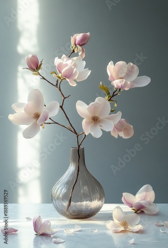 Delicate pale pink magnolia branches arranged in a translucent vase with scattered petals on a bright surface, soft natural light creating a serene atmosphere