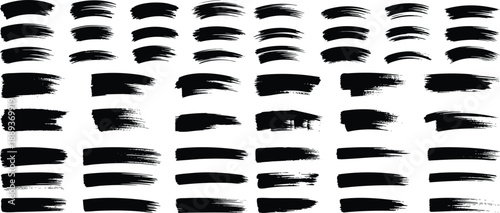 Abstract black brush stroke textures arranged in neat grid layout collection, solid black shapes only vector illustration.