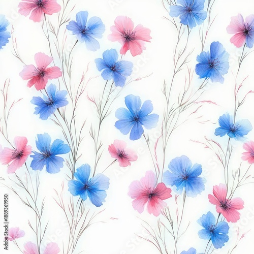 soft watercolor blue and pink wildflowers with delicate stems on a white background conveying gentle, airy serenity