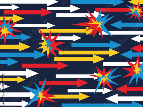 Seamless pattern of colorful arrows colliding with starburst explosions on dark blue