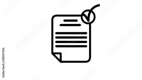 Animated line art document icon showing a file filling with text and then being marked with an approval checkmark symbol.