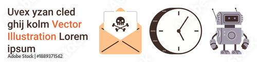 Cybersecurity, phishing scams, automation, technology threats, malware, deadlines. Open envelope with skull symbol, clock robotic figure. Cybersecurity and phishing scams