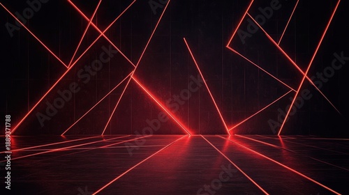 Dark room illuminated by intersecting glowing red laser beams creating geometric patterns on walls and floor with a futuristic and intense atmosphere
