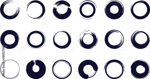 Dark color circular shapes abstract brushstroke collection, Ink round brush strokes, enso zen stroke circle, japan red circle round element for design, vector illustration.