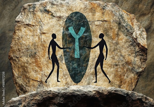 Ancient rock art depicting two stylized human figures facing each other with an oval shape and a Y-like symbol between them carved on a large weathered stone