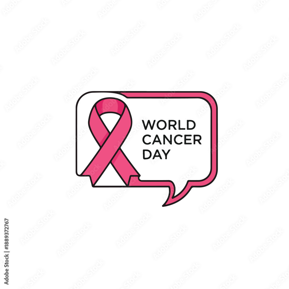 Obraz premium A pink ribbon icon with a speech bubble containing the text 'World Cancer Day' on a white background. Perfect for awareness campaigns, health promotions, and educational materials.