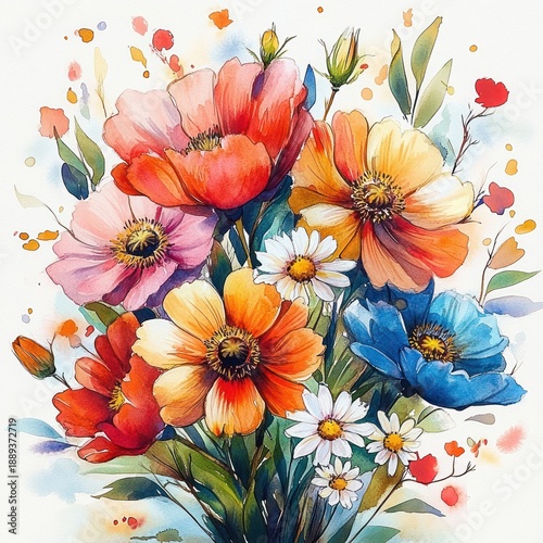 Wallpaper Mural Watercolor painting of a vibrant bouquet with large colorful flowers and delicate daisies, showcasing shades of orange, blue, pink, and white bursting with life and energy Torontodigital.ca