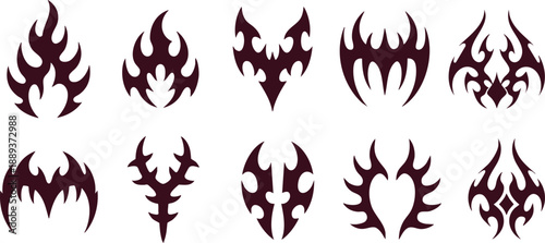 Aggressive tribal and dark fantasy spike motifs in solid black silhouette collection, tribal flame tattoo design, gothic tribal tattoo art, fantasy logos,  vector illustration.