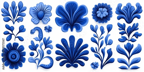Collection of various stylized blue floral and leaf designs with intricate shading on a white background conveying elegance and creativity