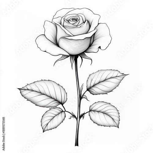 detailed black and white line drawing of a single blooming rose with stem and veined leaves, elegant and delicate