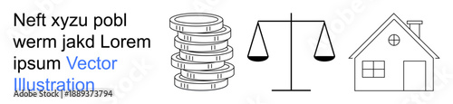 Finance, legal systems, real estate investment, property management, wealth distribution, home ownership. Stacked coins, legal scale house icon. Finance and legal systems concept