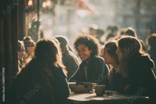 Diverse group of young people having animated conversation at outdoor cafe during golden hour, woman with curly hair laughing genuinely while friends gather around table in warm sunlight