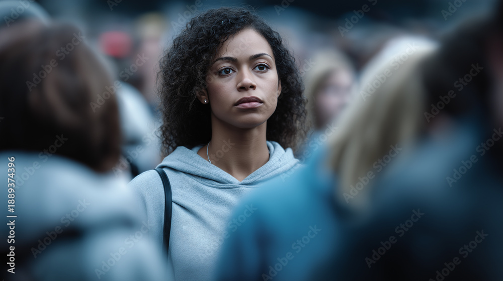 Fototapeta premium Young woman standing alone in a moving crowd, symbolizing isolation, anxiety, and emotional disconnect in modern society. 