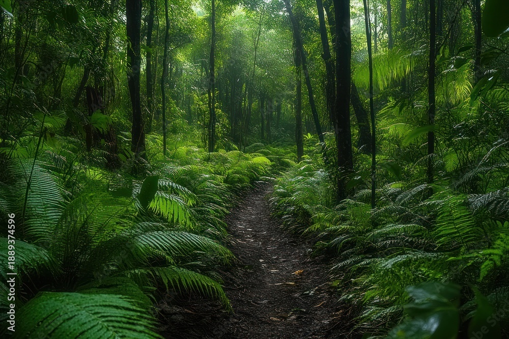 Fototapeta premium Dense green forest with tall trees and lush ferns lining a narrow dirt path under filtered sunlight creating a peaceful natural scene