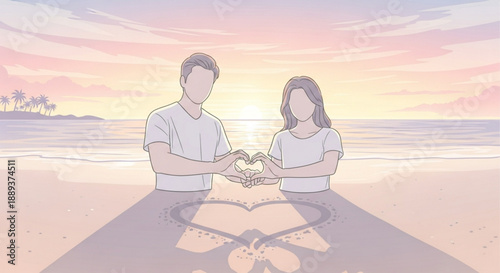 Loving couple sharing heart on beach at sunset with butterfly shadow