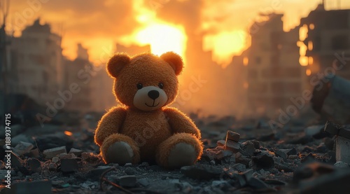 Abandoned teddy bear sitting on rubble before ruined buildings at sunset, backlit by a warm glow, conveying loneliness and loss in a poignant scene