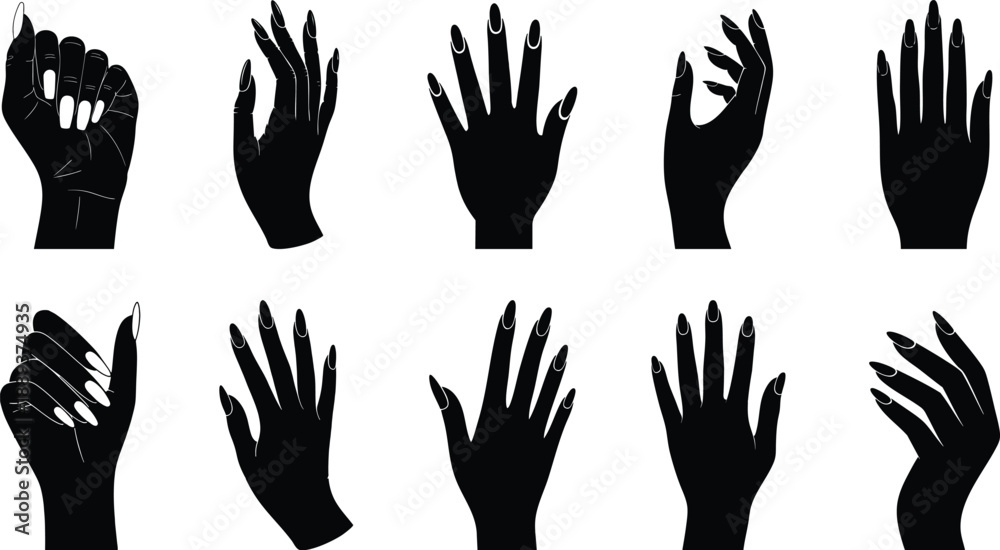 Obraz premium Hand with elegantly long, almond-shaped nails silhouette collection, different shapes, for branding or promotional vector illustration.