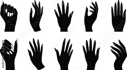 Hand with elegantly long, almond-shaped nails silhouette collection, different shapes,  for branding or promotional vector illustration.