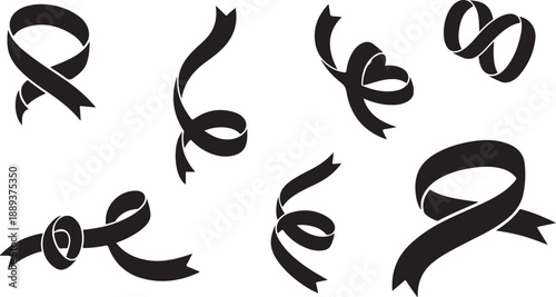 Black ribbons and bows on white background illustration set