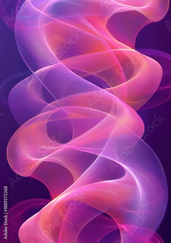 Ethereal swirling translucent mesh ribbons of pink, purple and orange light forming graceful flowing waves on a dark backdrop