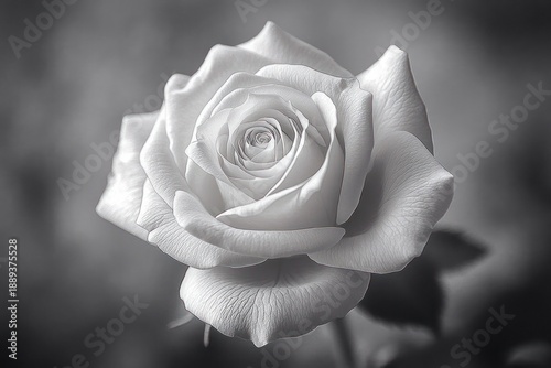 Close-up of a single blooming white rose with delicate textured petals in soft focus black and white