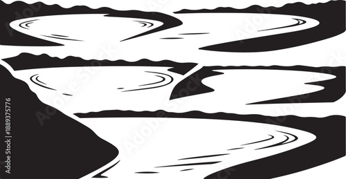 Black and White Illustration of Winding River Landscape Scene