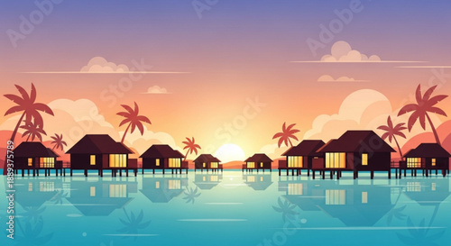 Tropical water bungalow resort at sunset with palm trees and calm ocean reflections