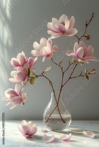 Delicate pink and white magnolia flowers arranged in a clear glass vase with water, softly lit against a neutral background, evoking calm and natural beauty