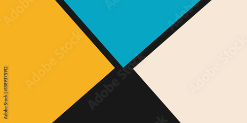 geometric composition featuring bold color blocks in yellow, teal, beige, and black. Crisp lines form intersecting diamonds and triangles,