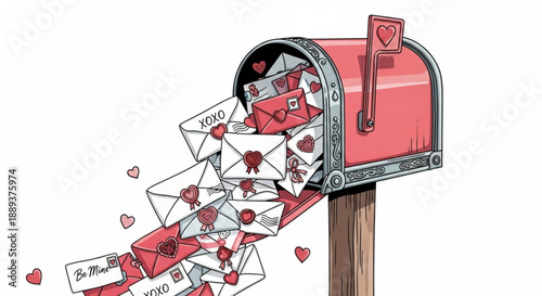 Red mailbox overflowing with romantic love letters and hearts on white background