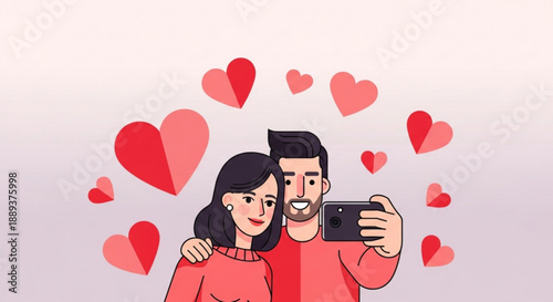 Loving couple taking selfie with hearts around romantic gesture valentine's day concept affectionate pair