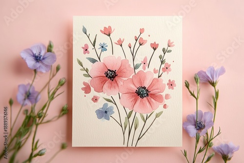 Delicate watercolor painting of pink and blue flowers on white paper surrounded by real purple flowers against a soft pink background conveying calm and beauty