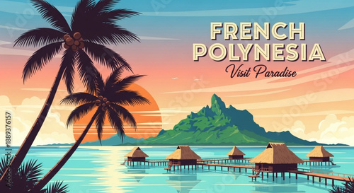 Vibrant french polynesia island resort at sunset with palm trees and huts over turquoise ocean water