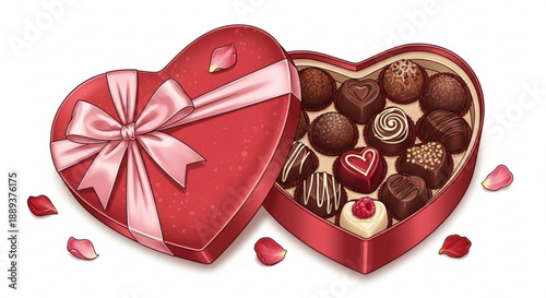 Heart shaped box of assorted chocolates with pink bow and rose petals on white background for valentine's day