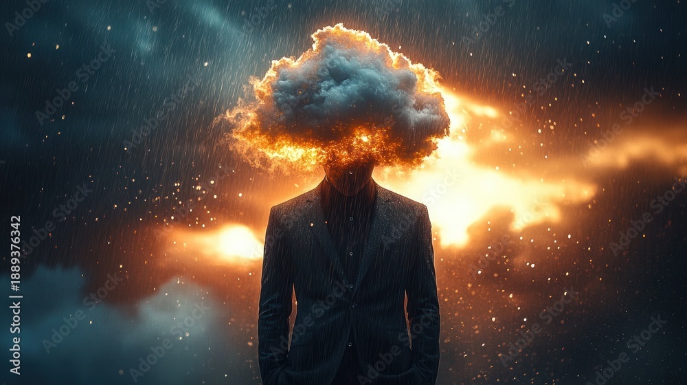Fototapeta premium man in dark suit with a fiery cloud for a head standing in rain, glowing sparks and stormy light evoking turmoil and introspection