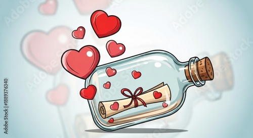 Romantic message in a glass bottle with floating hearts on a soft background for valentine's day