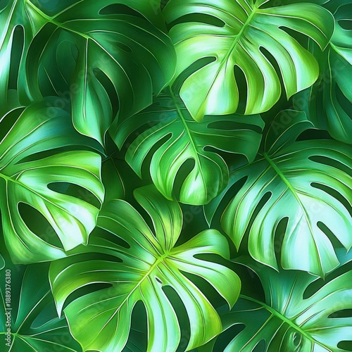 Close-up view of vibrant green monstera leaves overlapping each other with detailed veins and natural light reflections