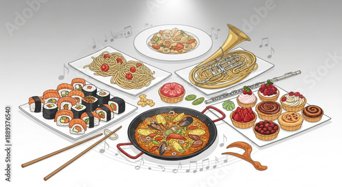 Variety of international cuisine dishes with musical notes on plates and a trumpet