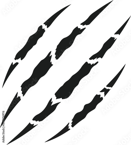 Black animal claw marks on a surface, illustration of sharp scratches from a wild creature