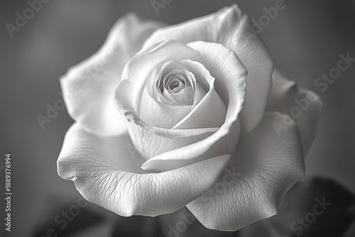 Close-up of a delicate white rose with softly curled petals showcasing intricate texture and gentle light, evoking purity and tranquility
