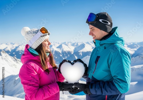 Happy couple in love holding a glowing heart shaped snowball on a sunny winter mountain ski slope.