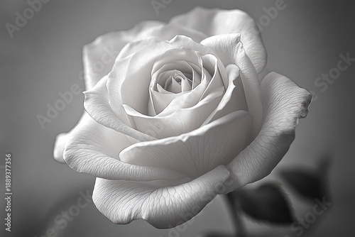 Close-up of a detailed single white rose flower with delicate petals and soft lighting evoking purity and tranquility