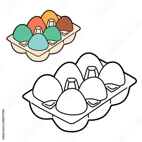 Egg carton with six eggs colouring page. Cute vector illustration showing coloured and outline versions for kids colouring, tracing and learning food and farm products.