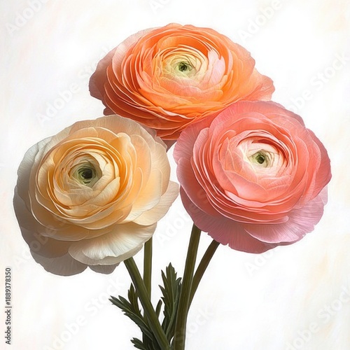 Three delicate ranunculus blooms in peach, pink and cream with layered petals and green stems on a bright white background, evoking soft, romantic serenity
