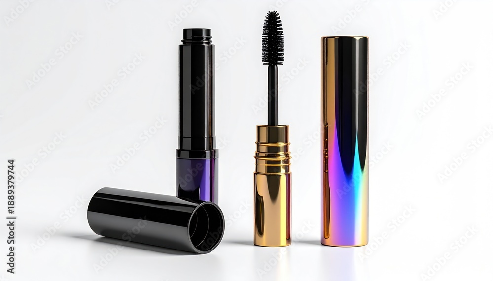 Obraz premium Mascara display open tube with brush, a closed tube, and detached cap. White background