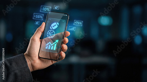 Smartphone displaying sports betting icons including a trophy, ball, and upward graph on a dark background.